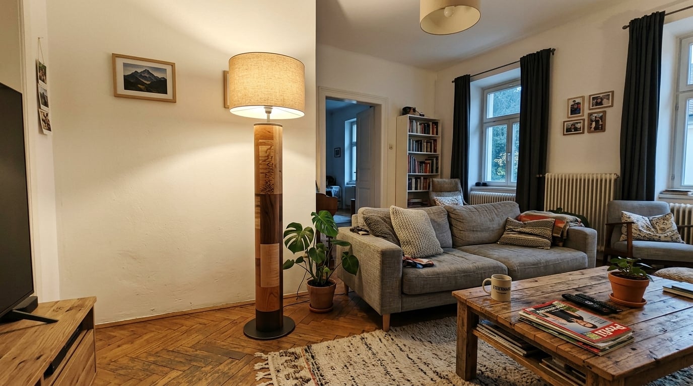 Kundenfoto: Stehlampe Nussholz mit Rinde